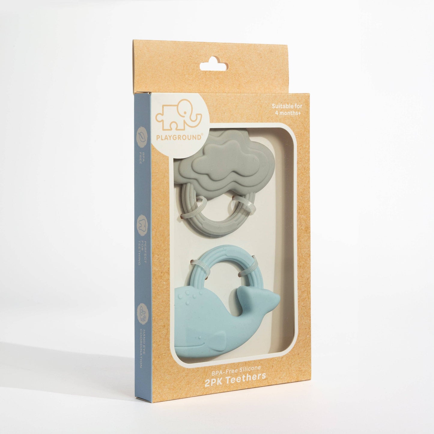 Two silicone teething toys in a cardboard packaging with 'Playground' branding.