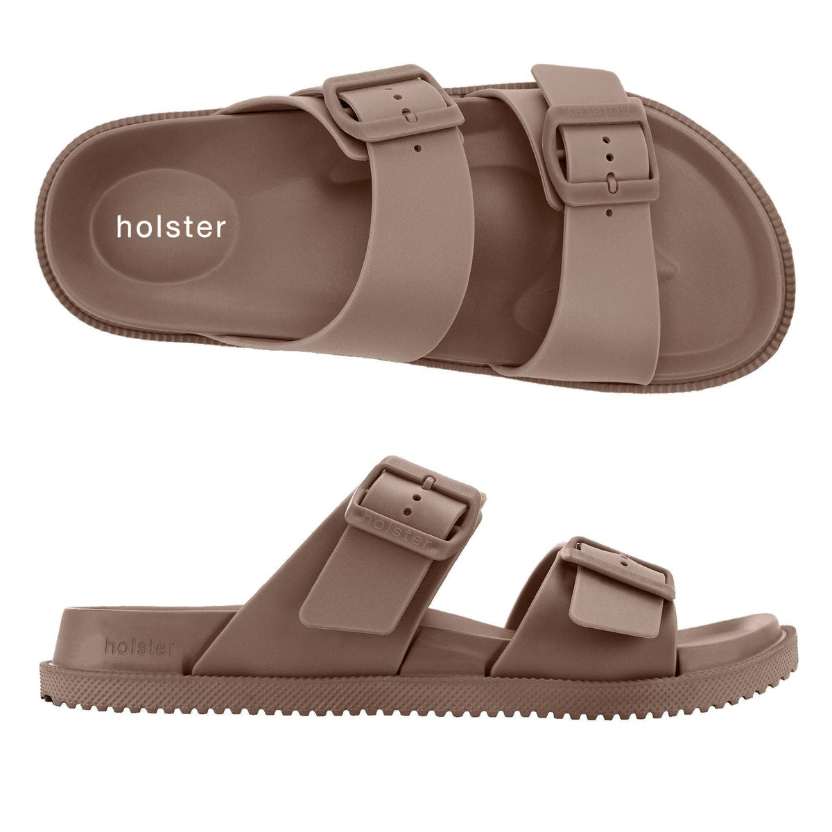 Brown sandals with a buckle design on a white background, featuring the 'holster' brand.