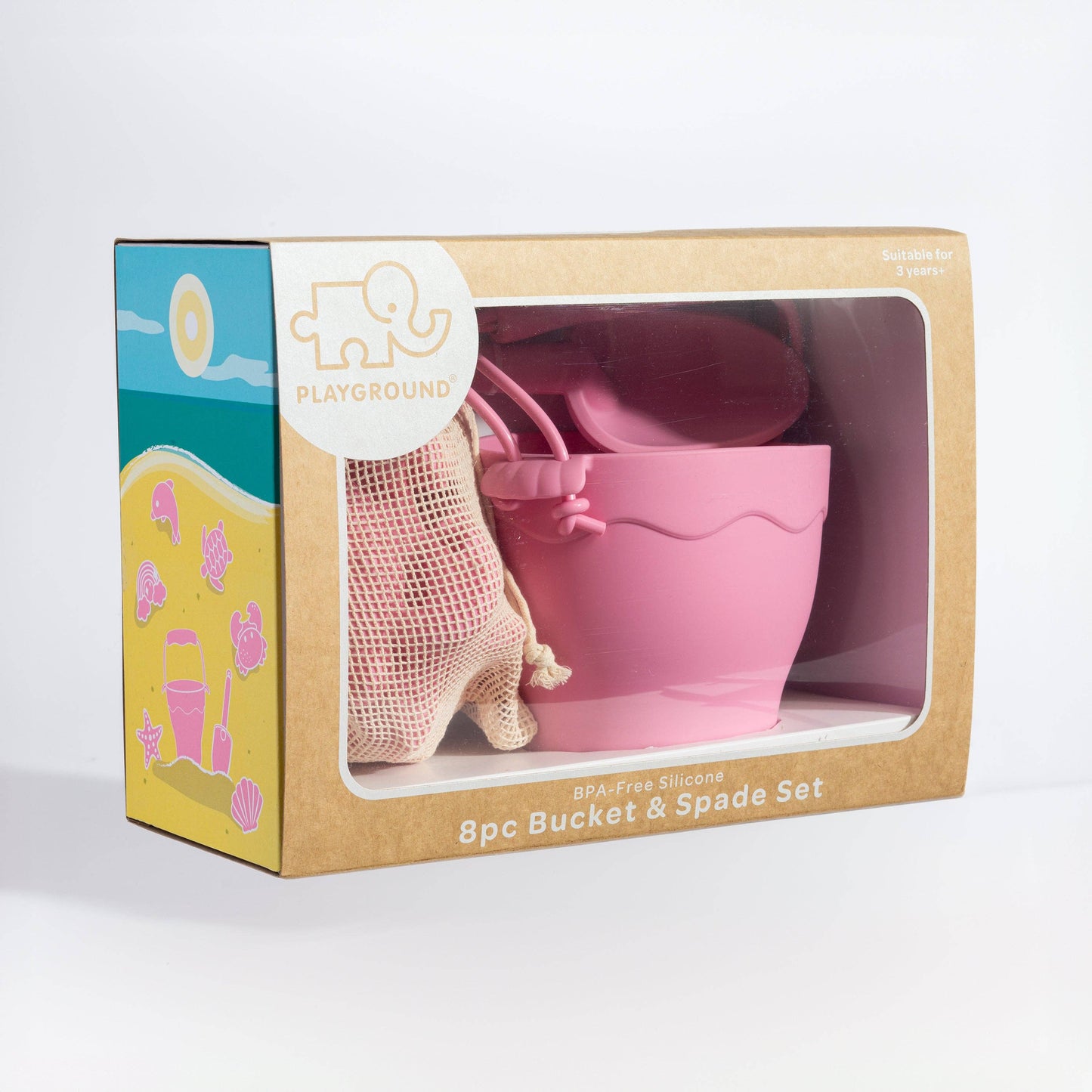 Pink bucket and spade set in a 'Playground' branded box on a white background