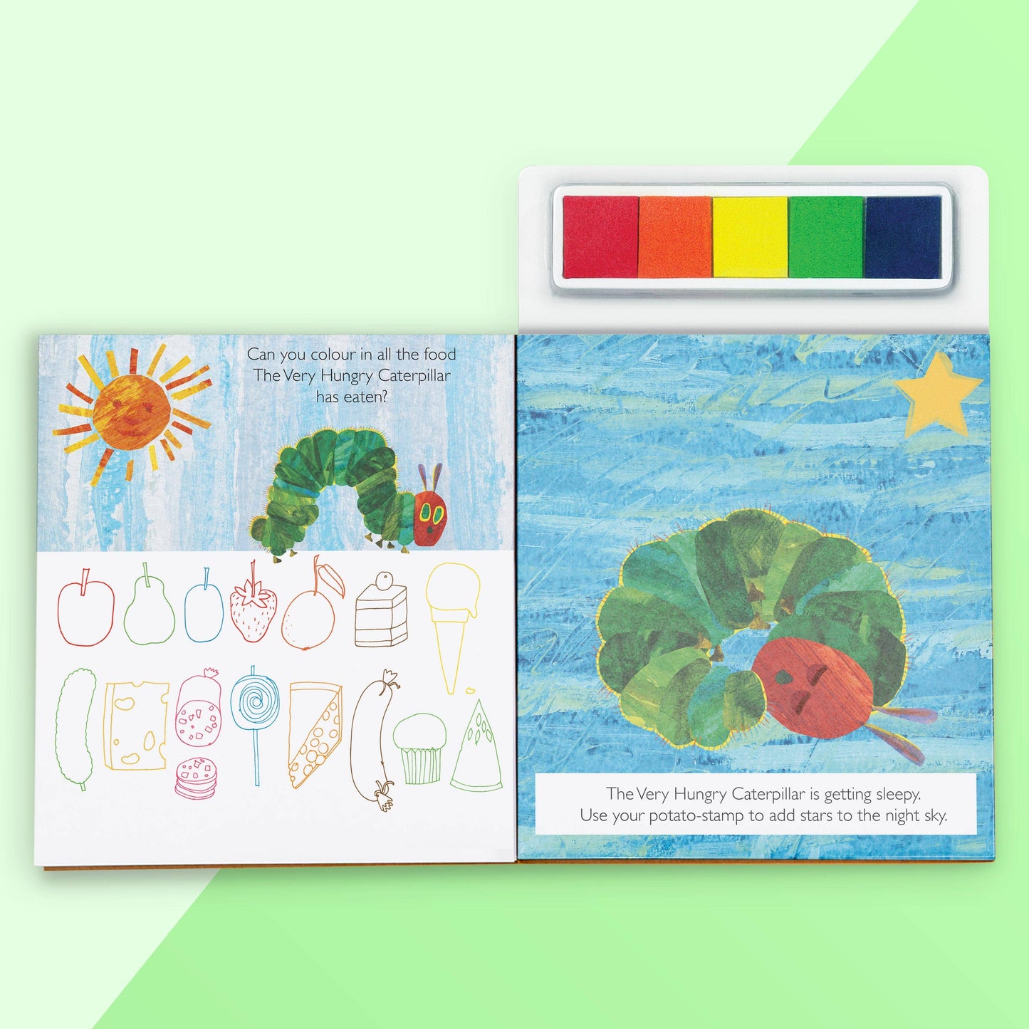 Children's book with illustrations of a caterpillar and food items, accompanied by a color chart and potato stamp on a green background.