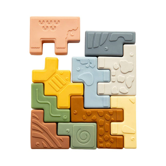 Colorful puzzle pieces with animal shapes on a white background