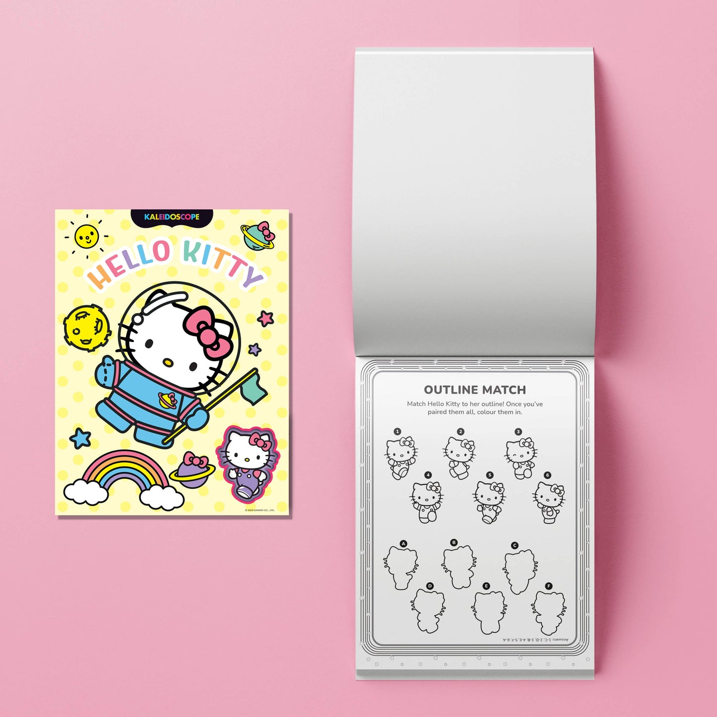 Hello Kitty coloring book with a pink cover and white pages on a pink background