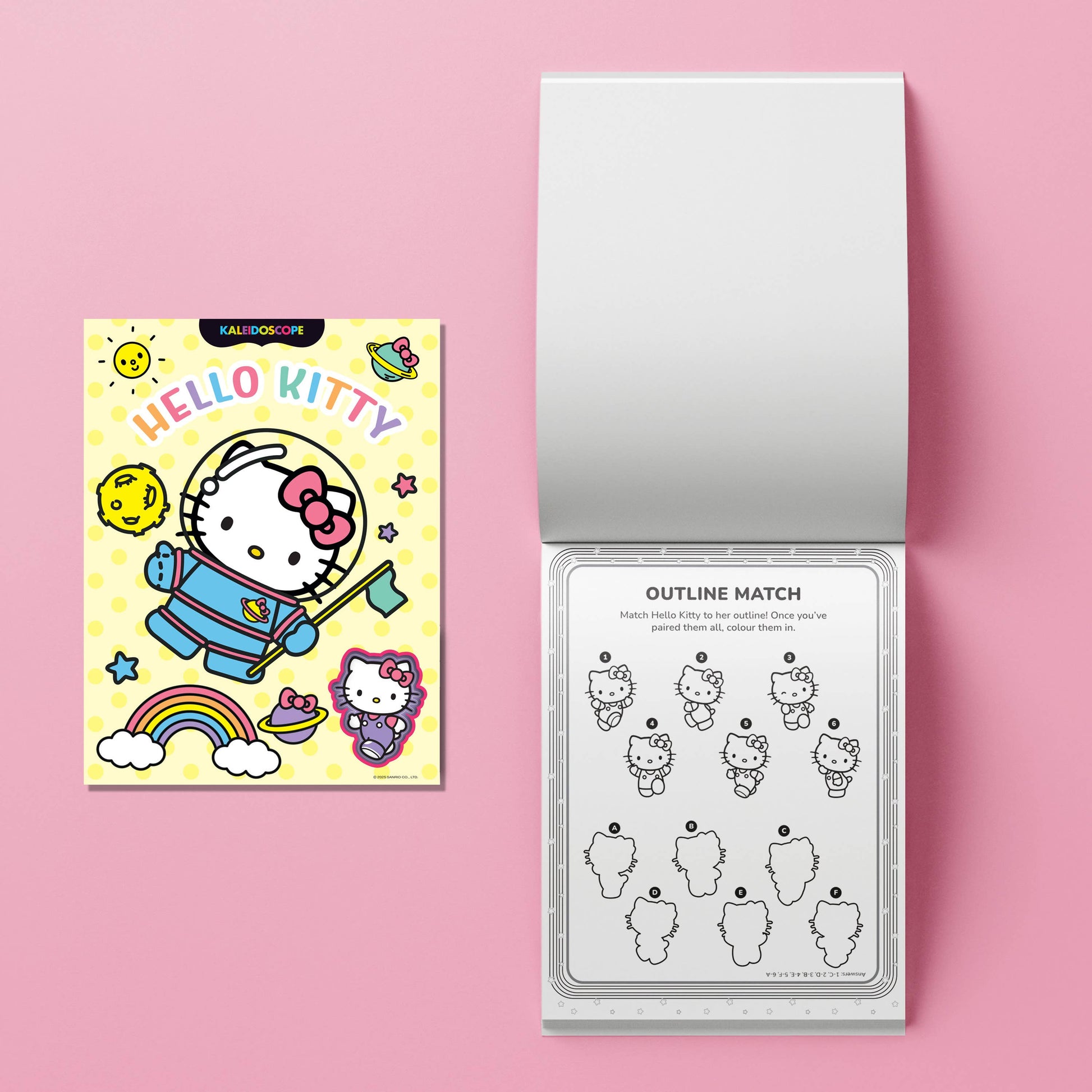 Hello Kitty coloring book with a pink cover and white pages on a pink background