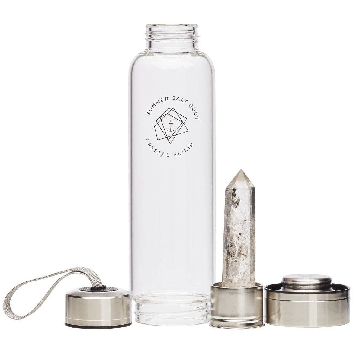 Clear glass water bottle with a silver metal cap and loop, shown disassembled with a crystal point and silver container pieces on a white background. The bottle features a black printed logo that reads 'Summer Salt Body Crystal Elixir'.
