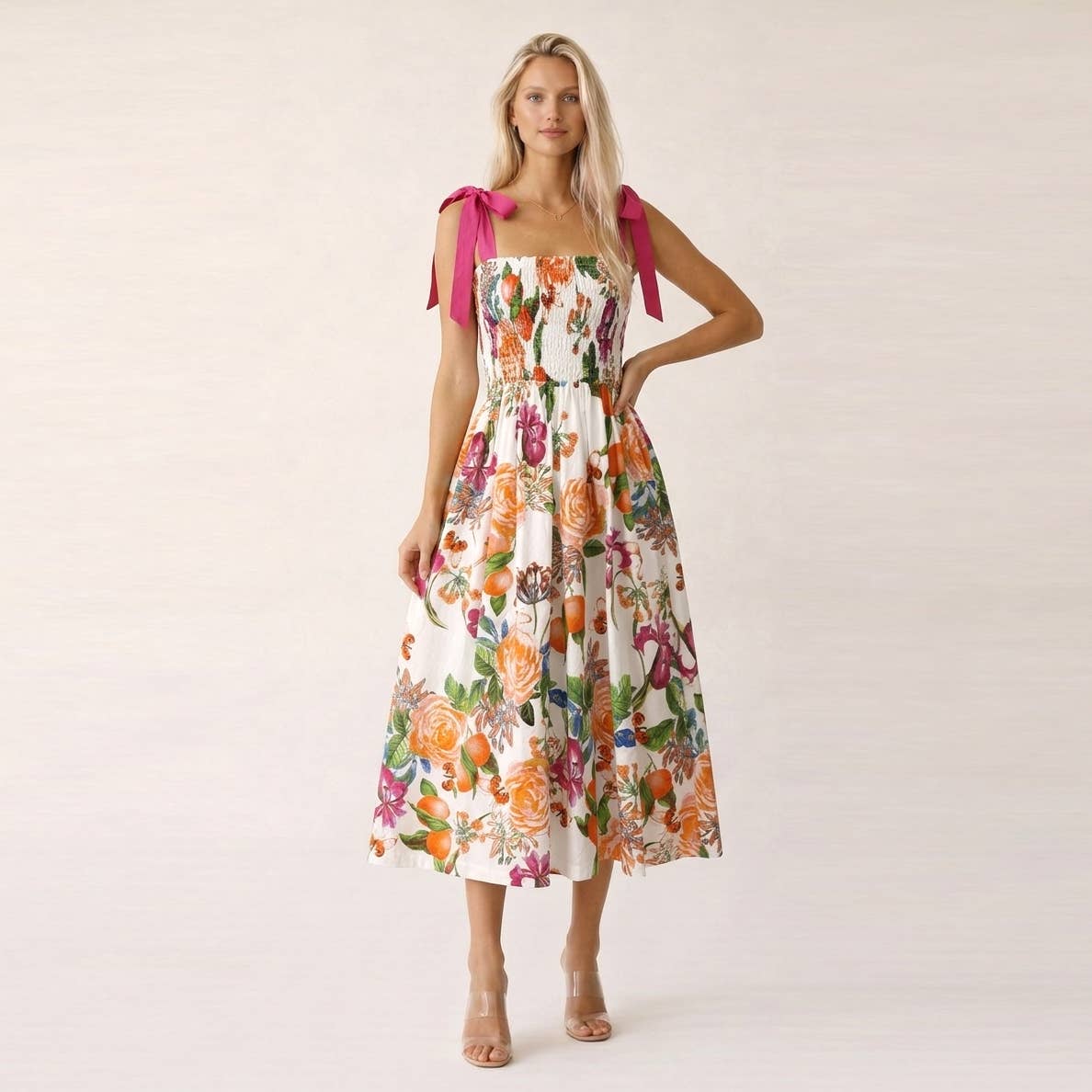 TANGERINE BLOOM Smocked Midi Dress