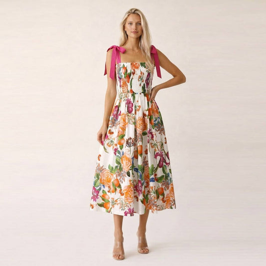 TANGERINE BLOOM Smocked Midi Dress