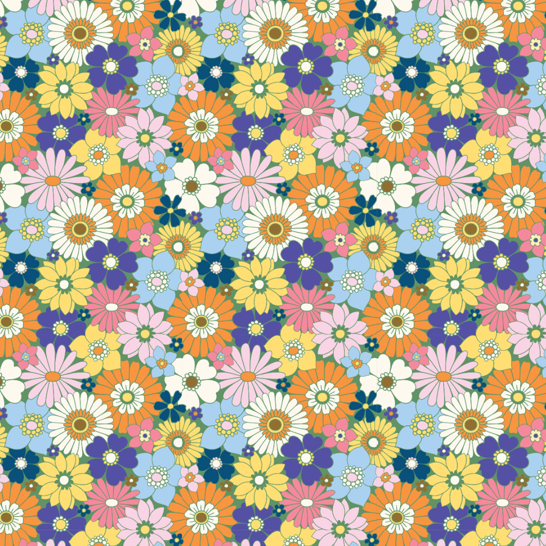 Pattern of colorful flowers in various colors on a multicolor background