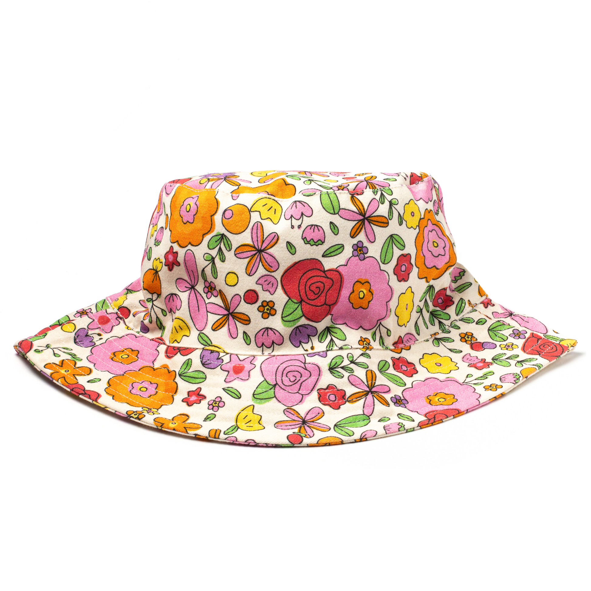 Colorful floral-patterned bucket hat on a white background