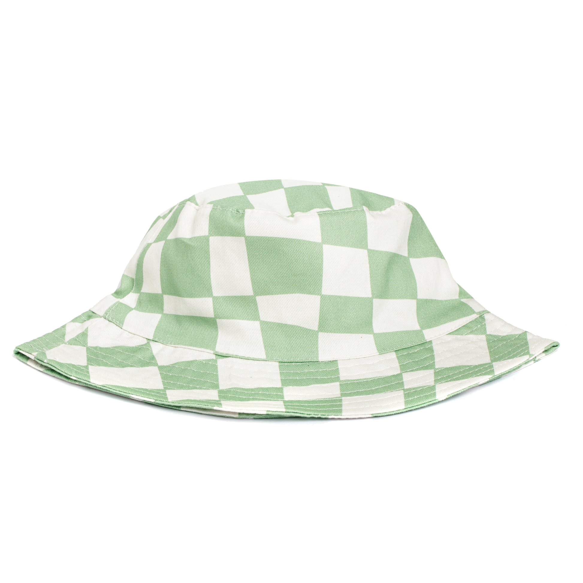 Green and white checkered bucket hat on a white background