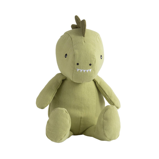 Green plush toy with a dragon design on a white background