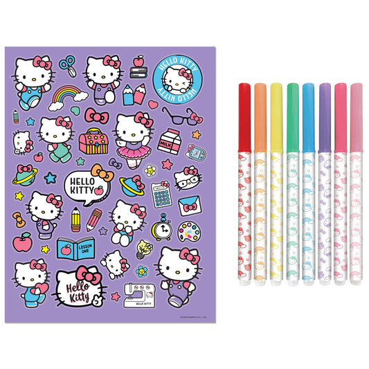 Hello Kitty stickers and markers on a white background