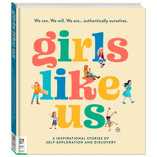 Book titled 'girls like us' with colorful text and illustrations on a beige background