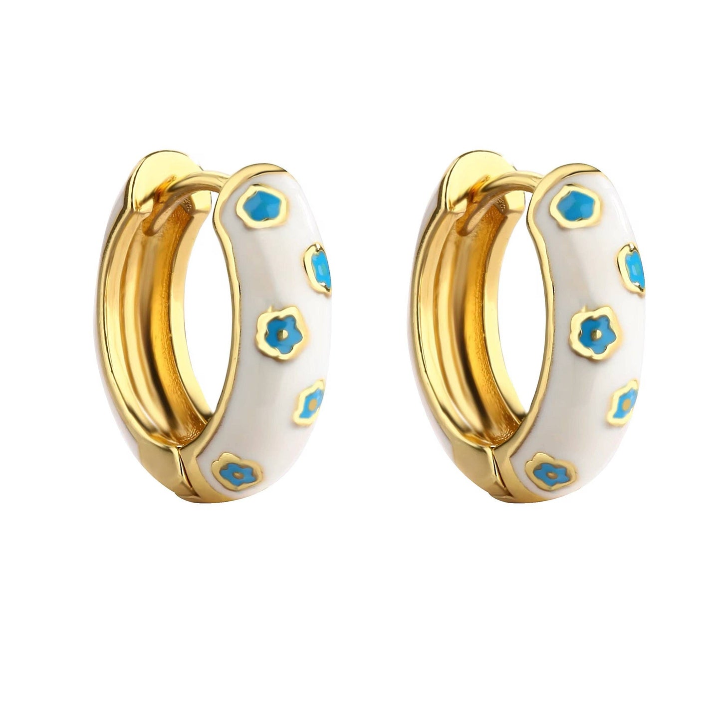 Jane White Enamel Hoop Earrings with Blue Flowers
