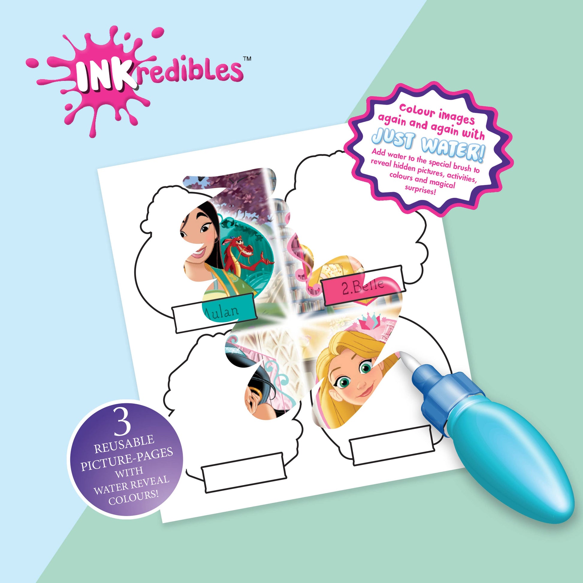 Inkredibles watercolor book with princess-themed pages and water pen on a light blue background