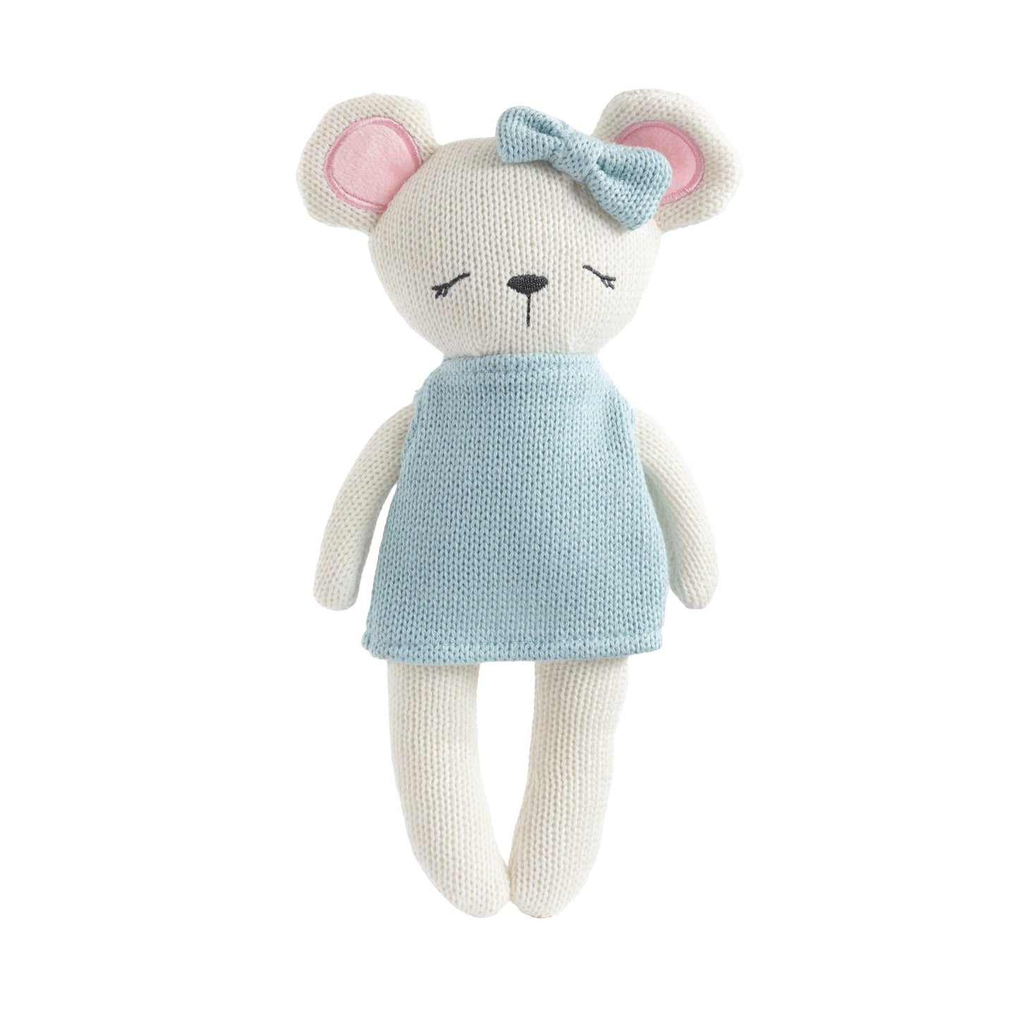 Knitted mouse toy with a blue dress and bow on a white background
