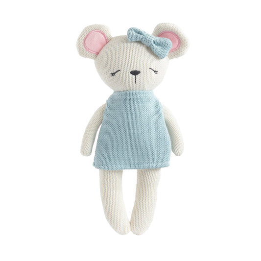 Knitted mouse toy with a blue dress and bow on a white background