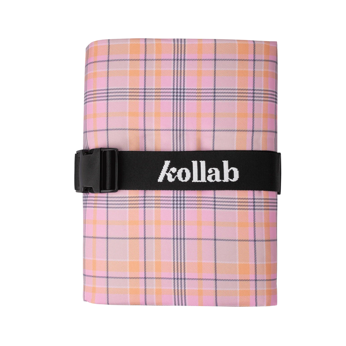 A folded plaid fabric item, likely a scarf or pocket square, in pink, orange, and white with a black elastic band across the middle featuring the white 'kollab' logo.