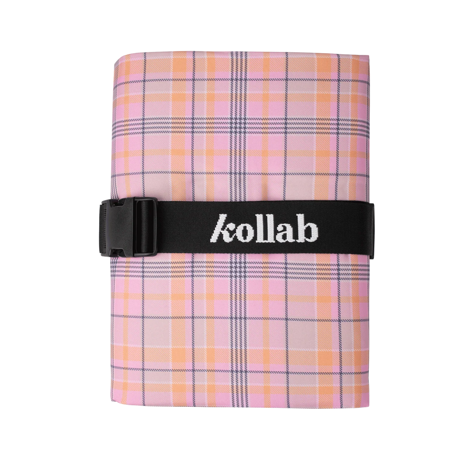 A folded plaid fabric item, likely a scarf or pocket square, in pink, orange, and white with a black elastic band across the middle featuring the white 'kollab' logo.