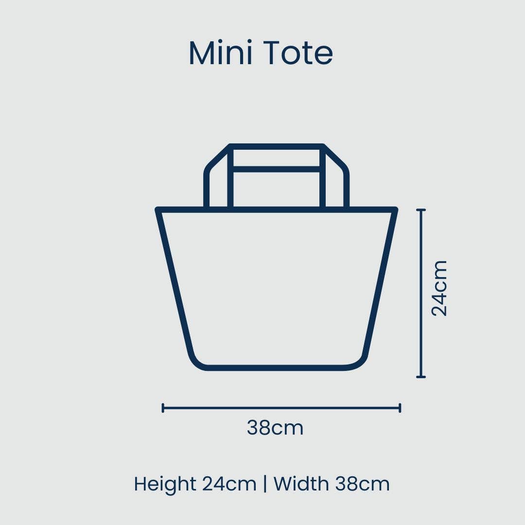 Line drawing of a mini tote bag with dimensions on a light gray background