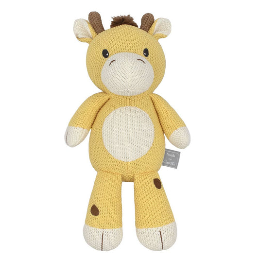Knitted giraffe toy with a visible brand tag on a white background
