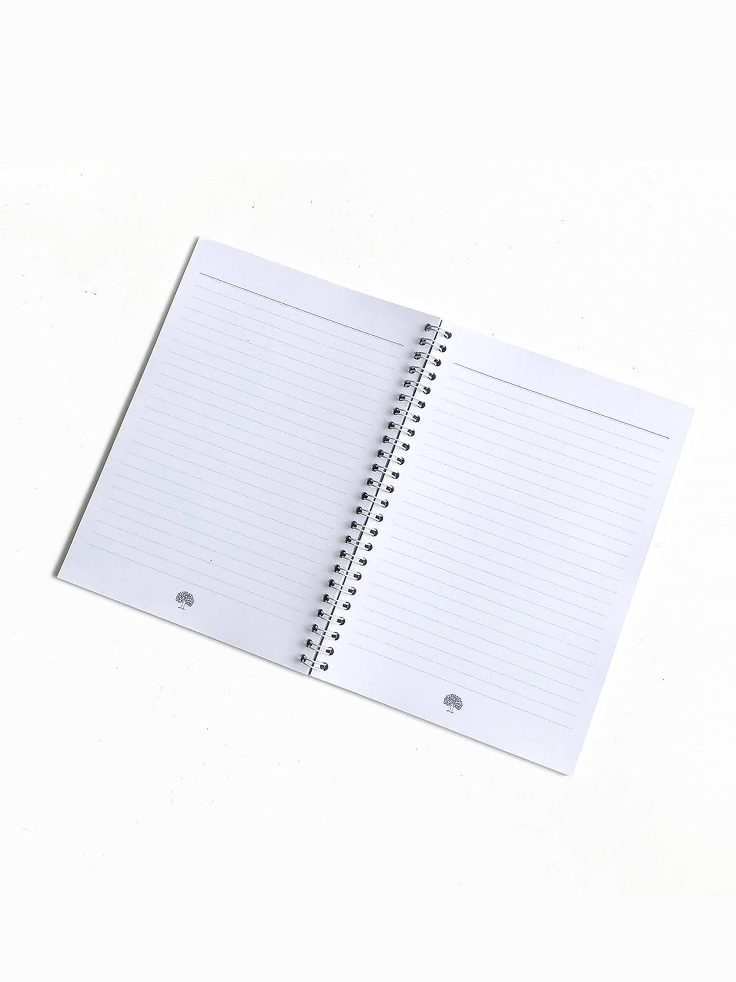 Open notebook with lined pages on a white background