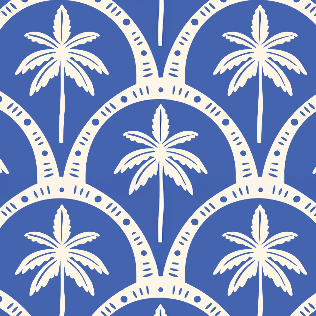 Pattern of white palm trees within circular arches on a blue background