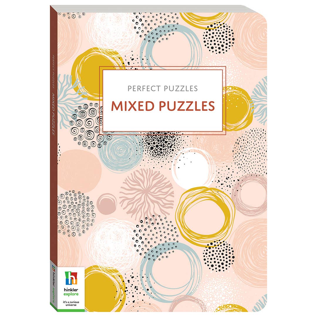 Box of 'Perfect Puzzles Mixed Puzzles' with circular patterns on a white background