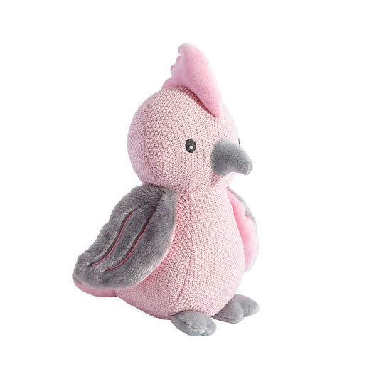 Pink and gray stuffed animal toy on a white background