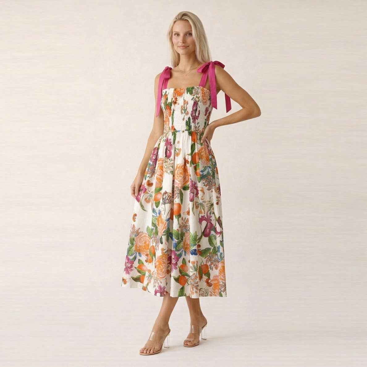 TANGERINE BLOOM Smocked Midi Dress