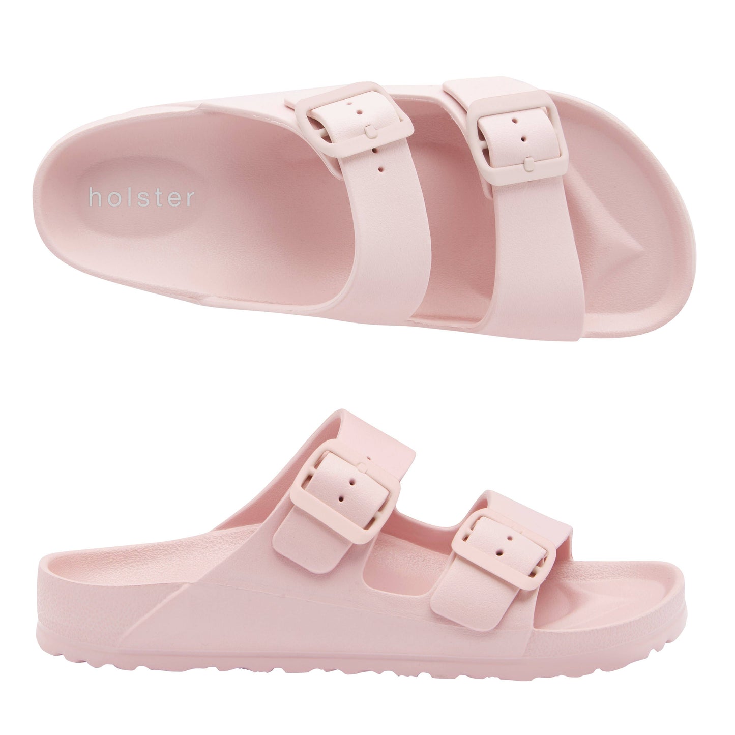 Pair of pink sandals with 'holster' branding on a white background