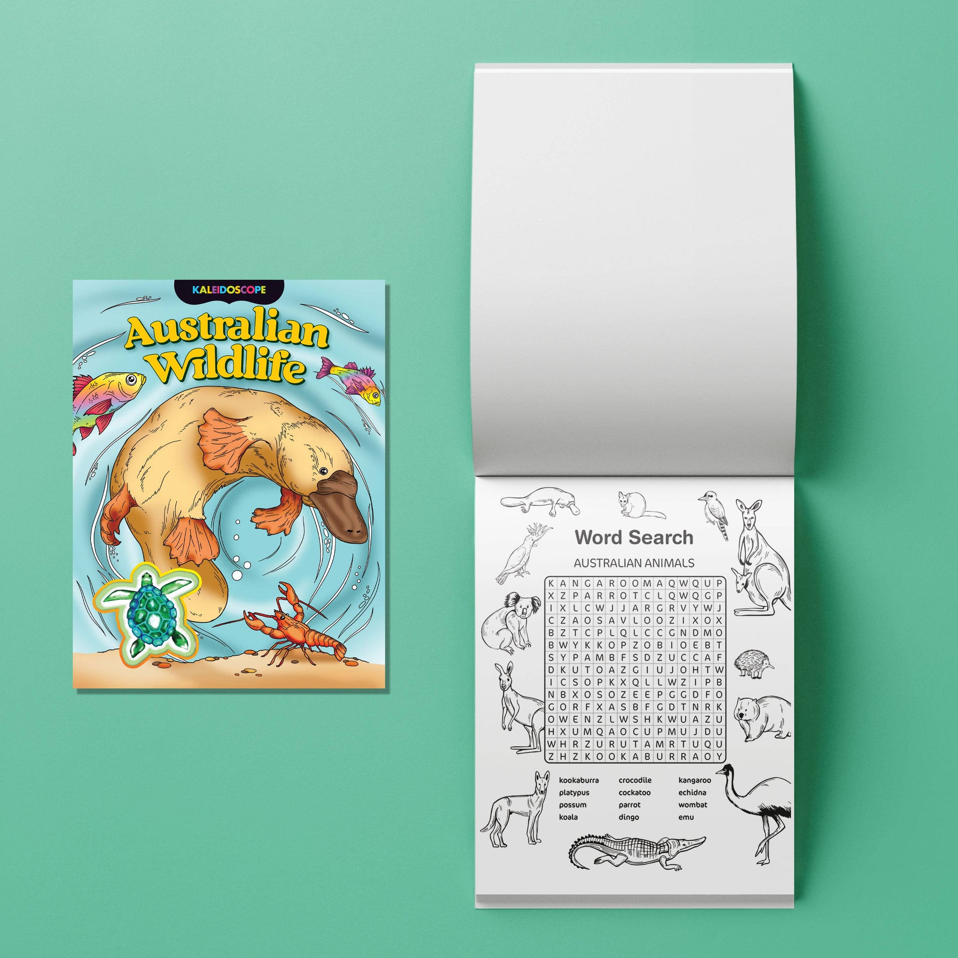 Children's activity book with Australian wildlife illustrations and a word search on a green background