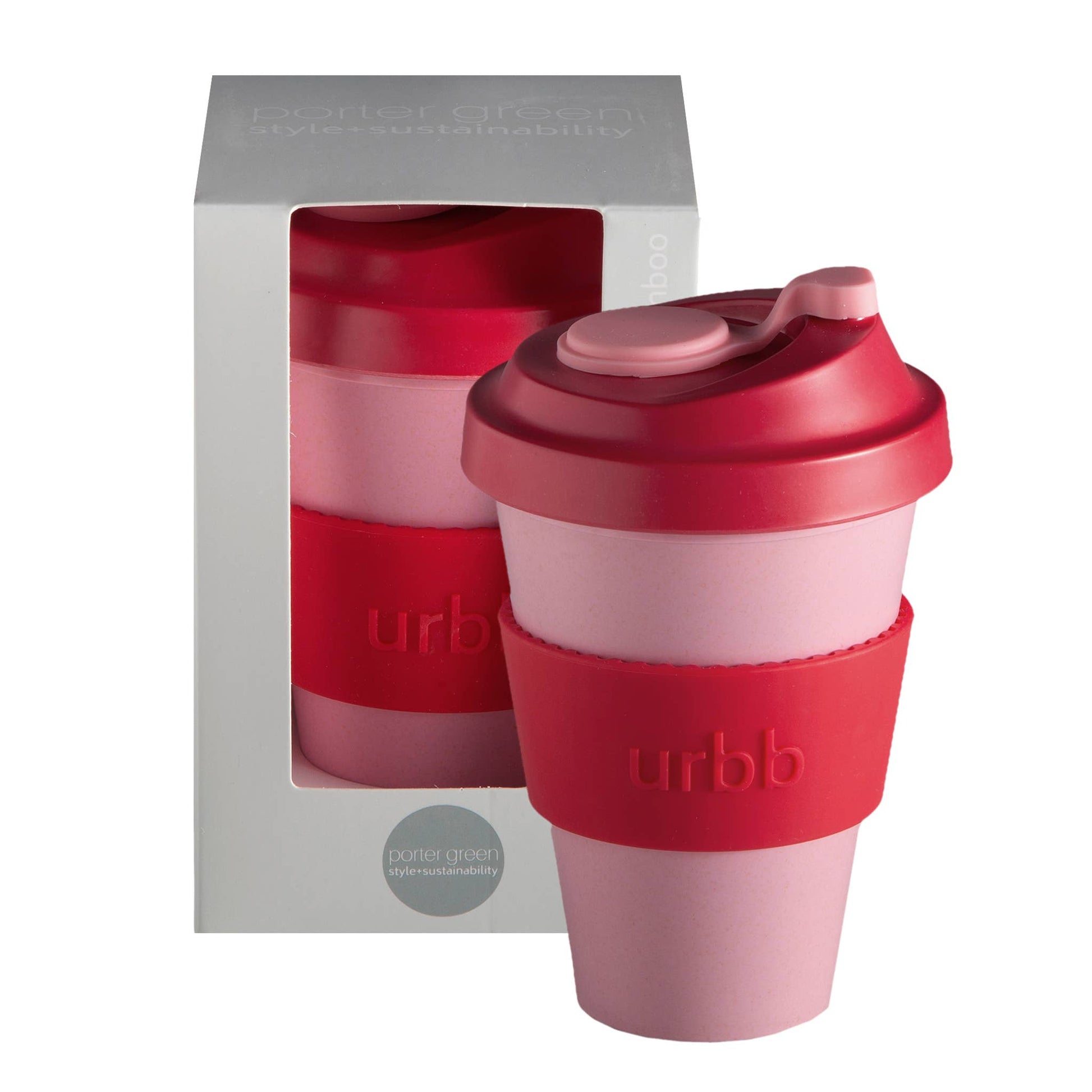 Red and pink reusable cup with 'urb' branding in front of a gray box packaging.
