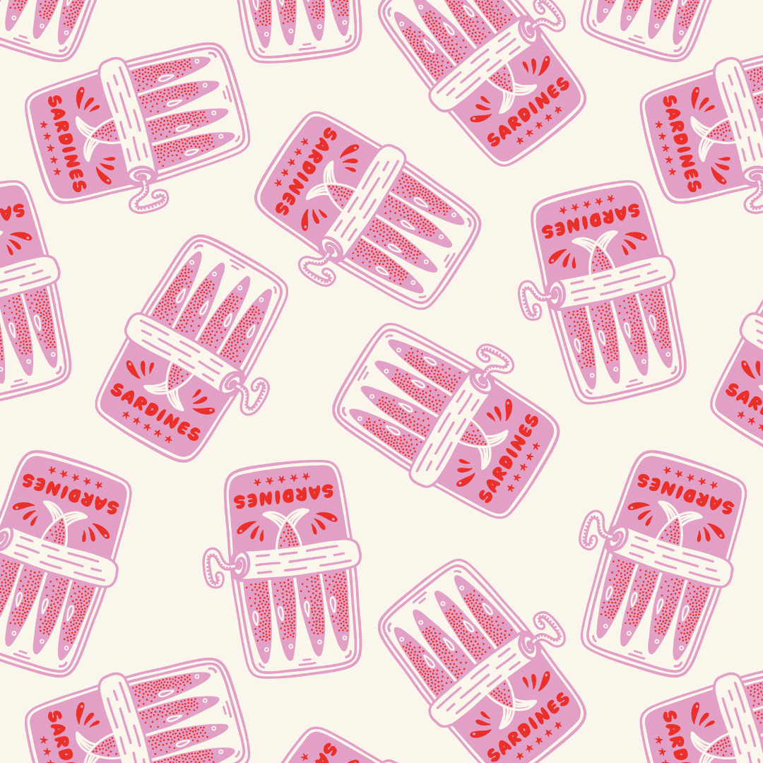 Pattern of pink sardine cans with 'Sardines' text on a white background