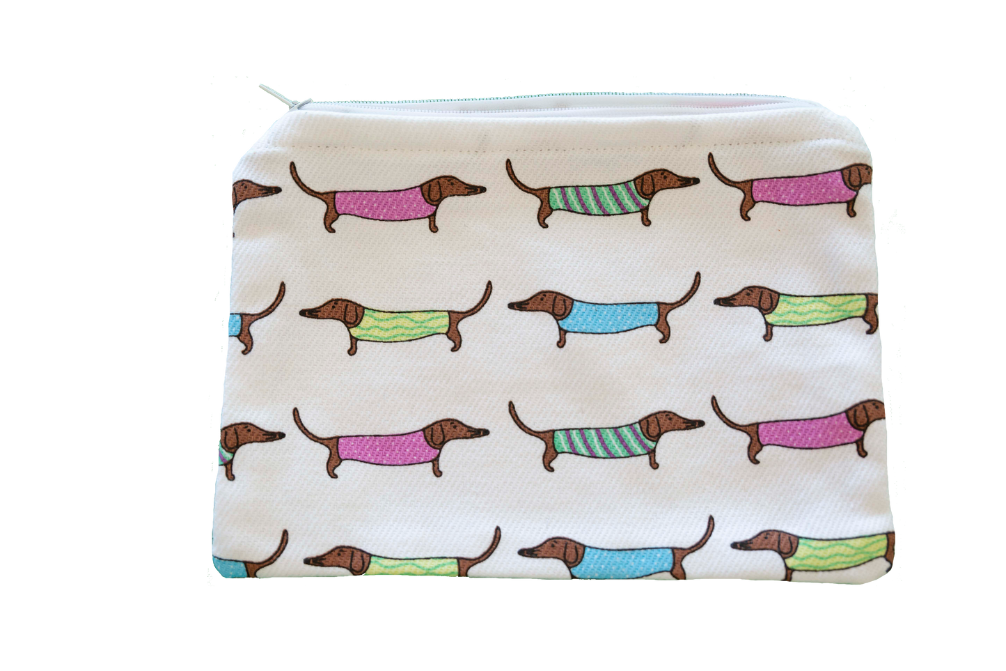 Pouch with dachshund pattern in colorful sweaters on a white background