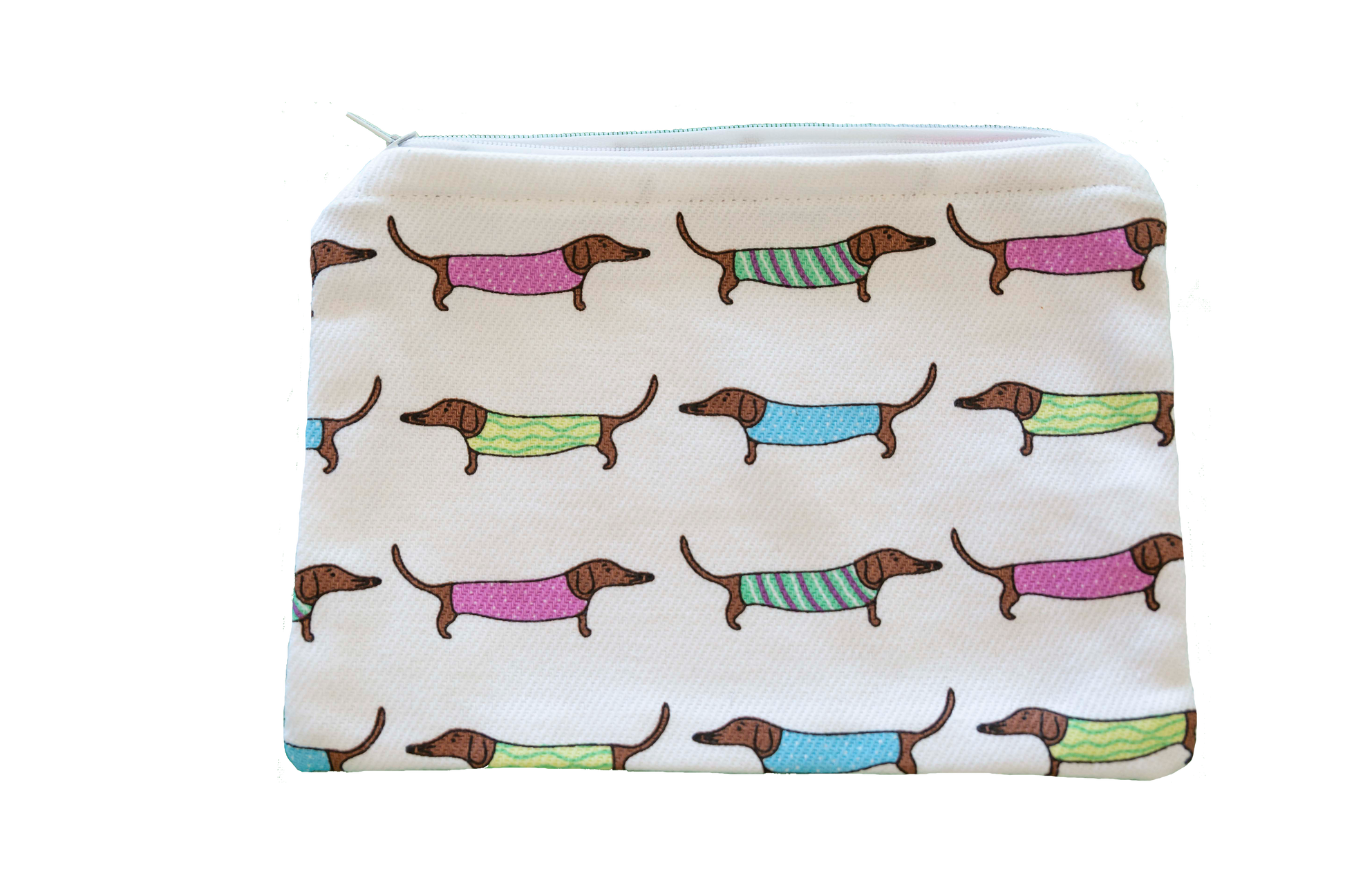 Pouch with dachshund pattern in colorful sweaters on a white background