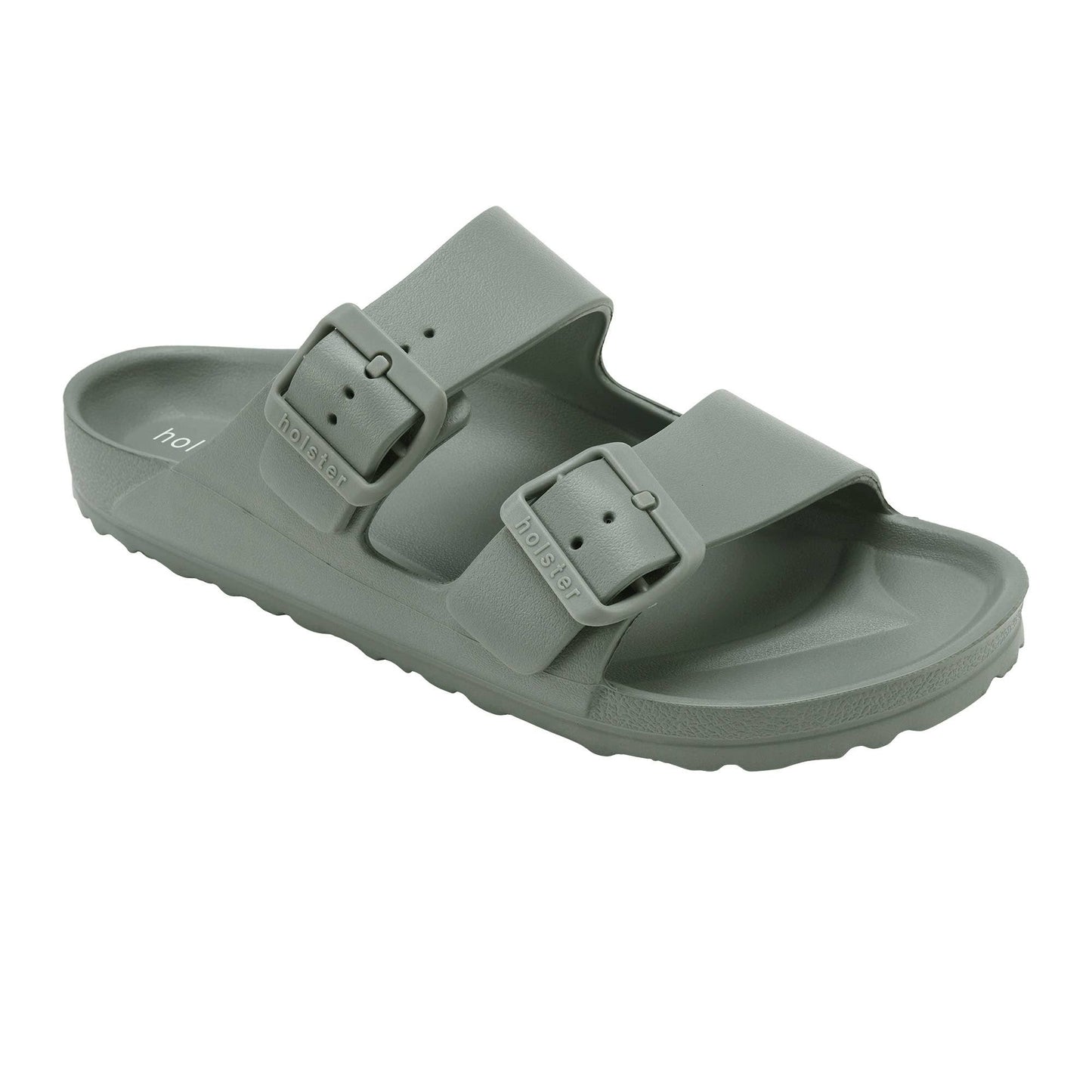 Green sandal with two buckles on a white background