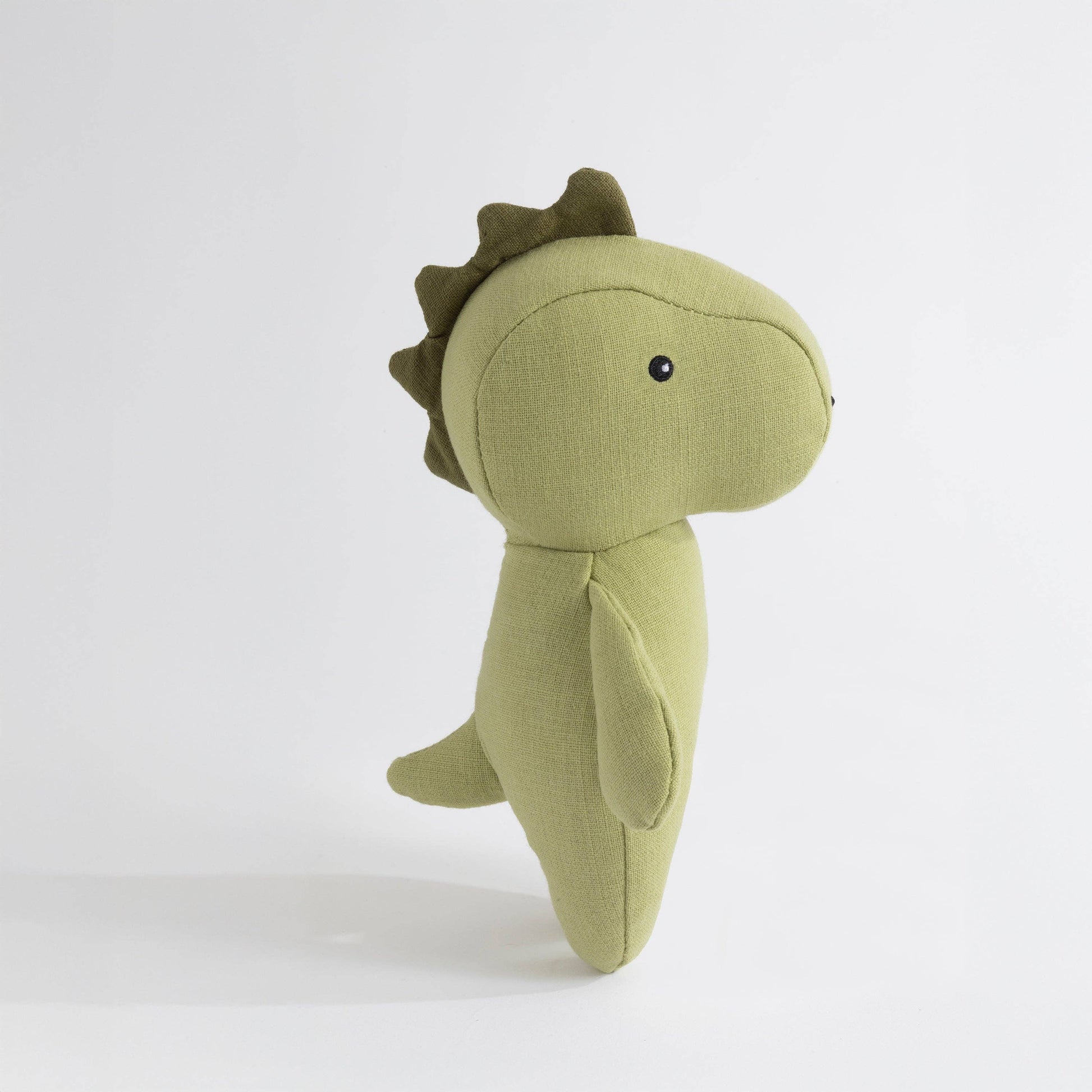 Green dinosaur plush toy on a white background