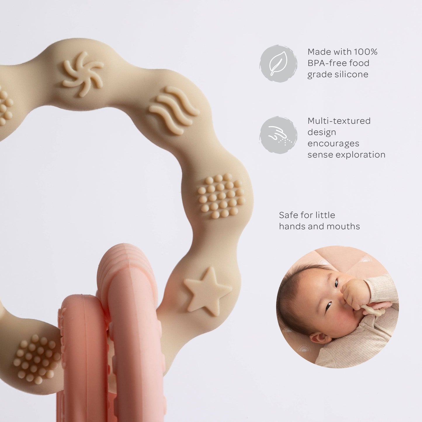Silicone teething ring with text highlighting safety and features on a light gray background