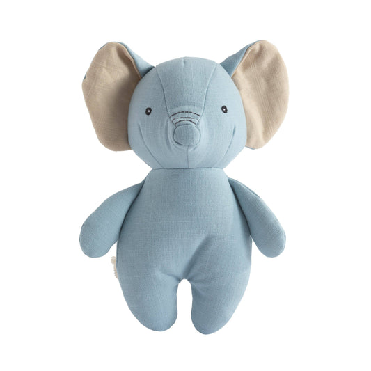 Blue elephant plush toy with beige ears on a white background