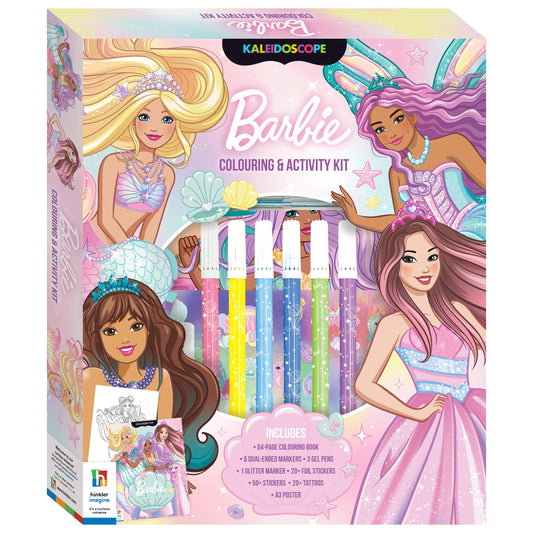 Barbie colouring and activity kit packaging with Barbie characters and markers.