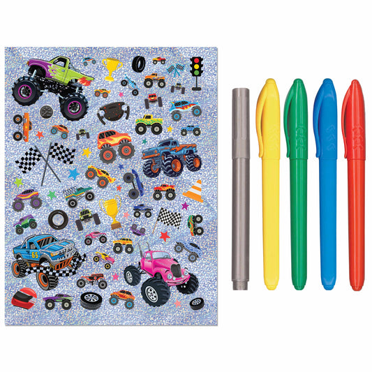 Notebook with monster truck stickers and colorful pens on a white background