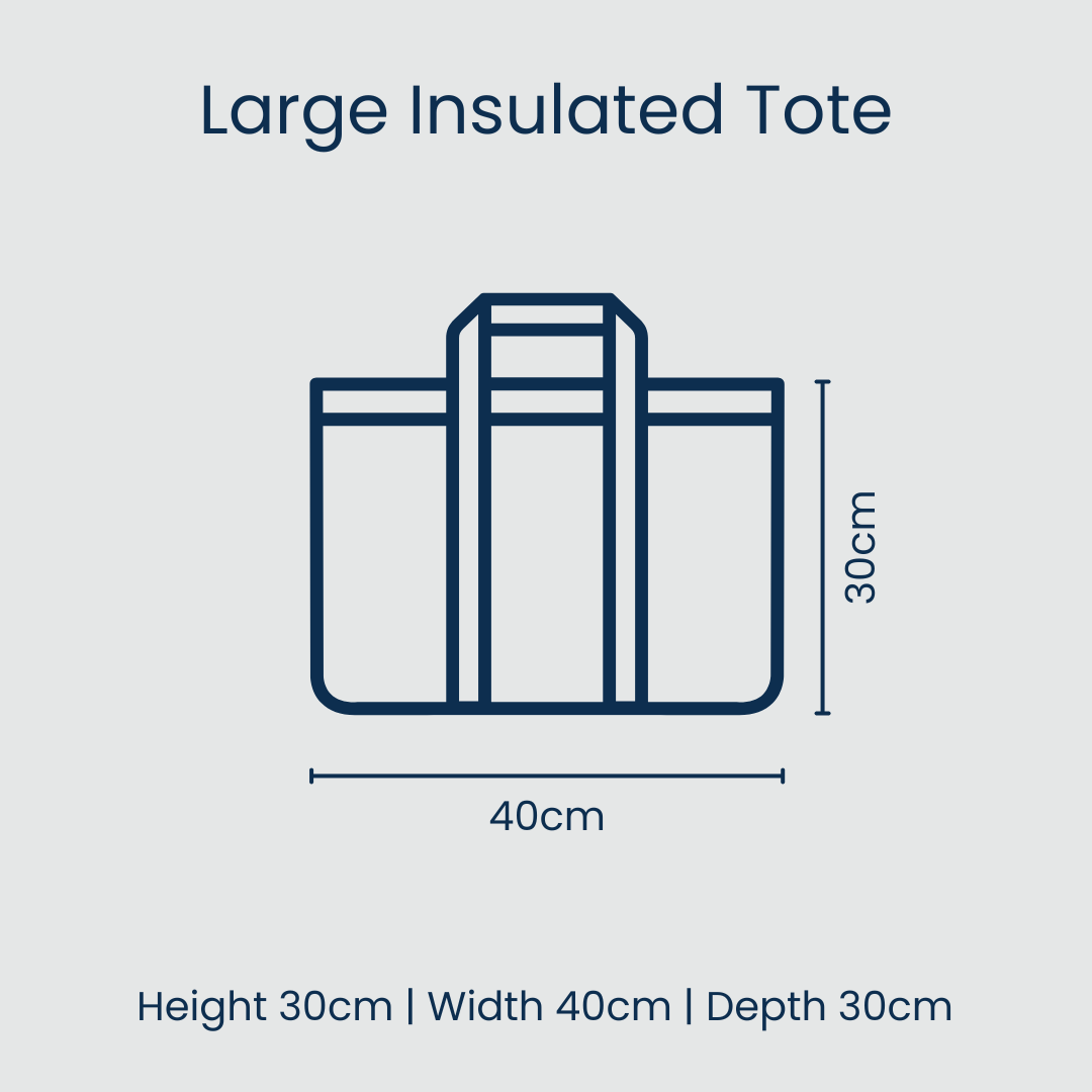 Large insulated tote with dimensions on a light blue background