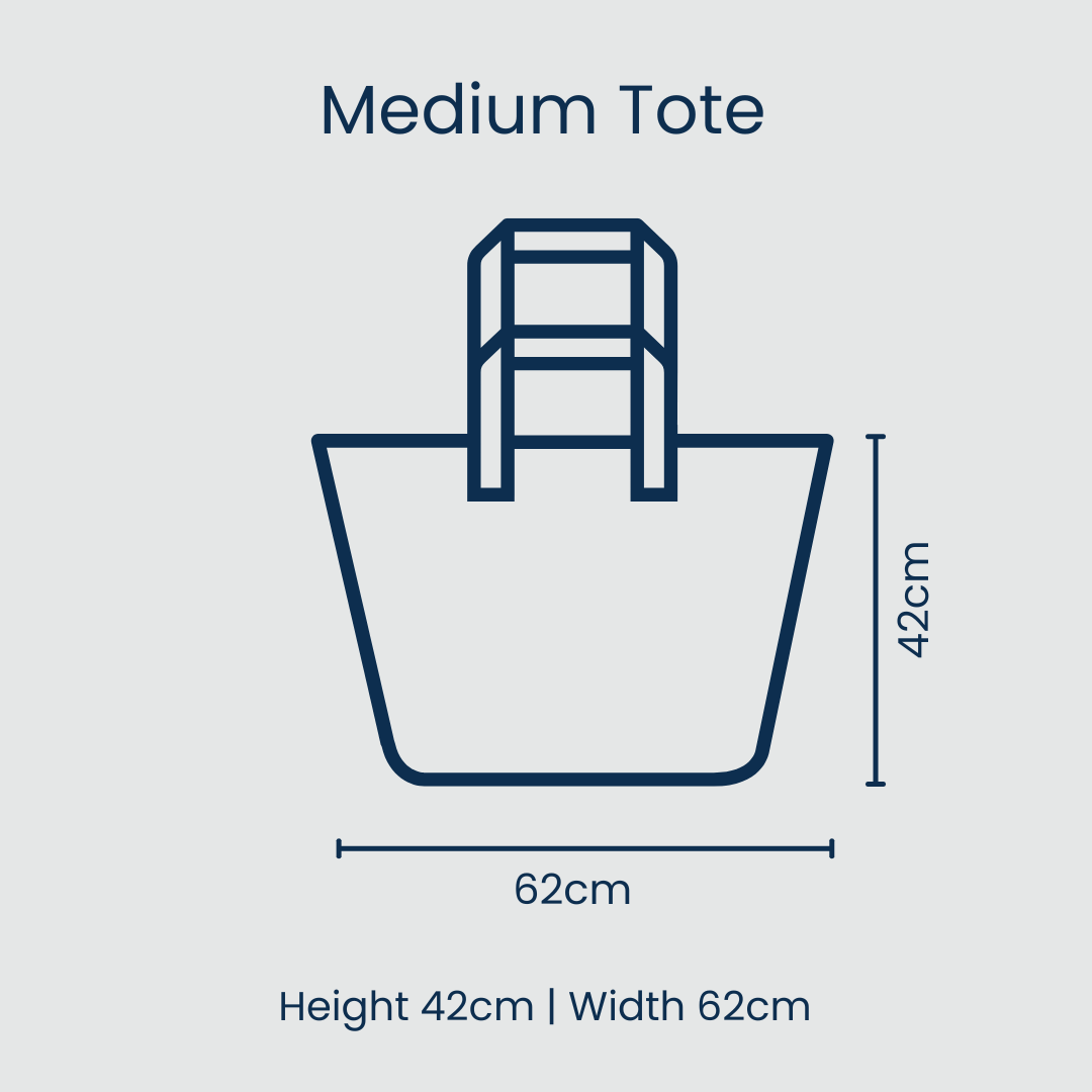 Diagram of a medium tote bag with dimensions on a light gray background