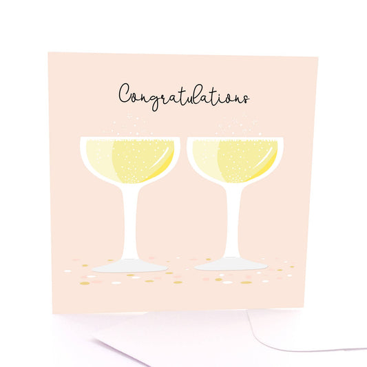 Greeting card with two champagne glasses and 'Congratulations' text on a light pink background