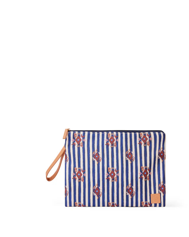 Blue striped pouch with floral patterns and a brown strap on a white background
