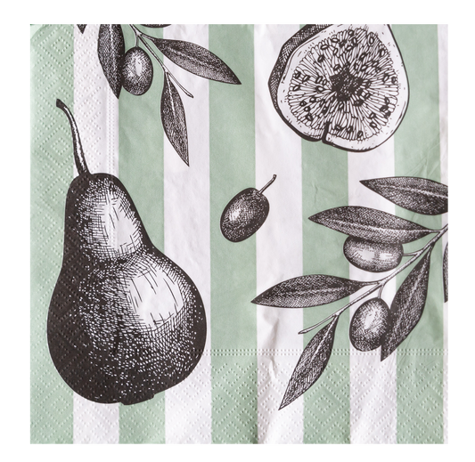 Napkin with black pear, fig, and olive illustrations on a green and white striped background