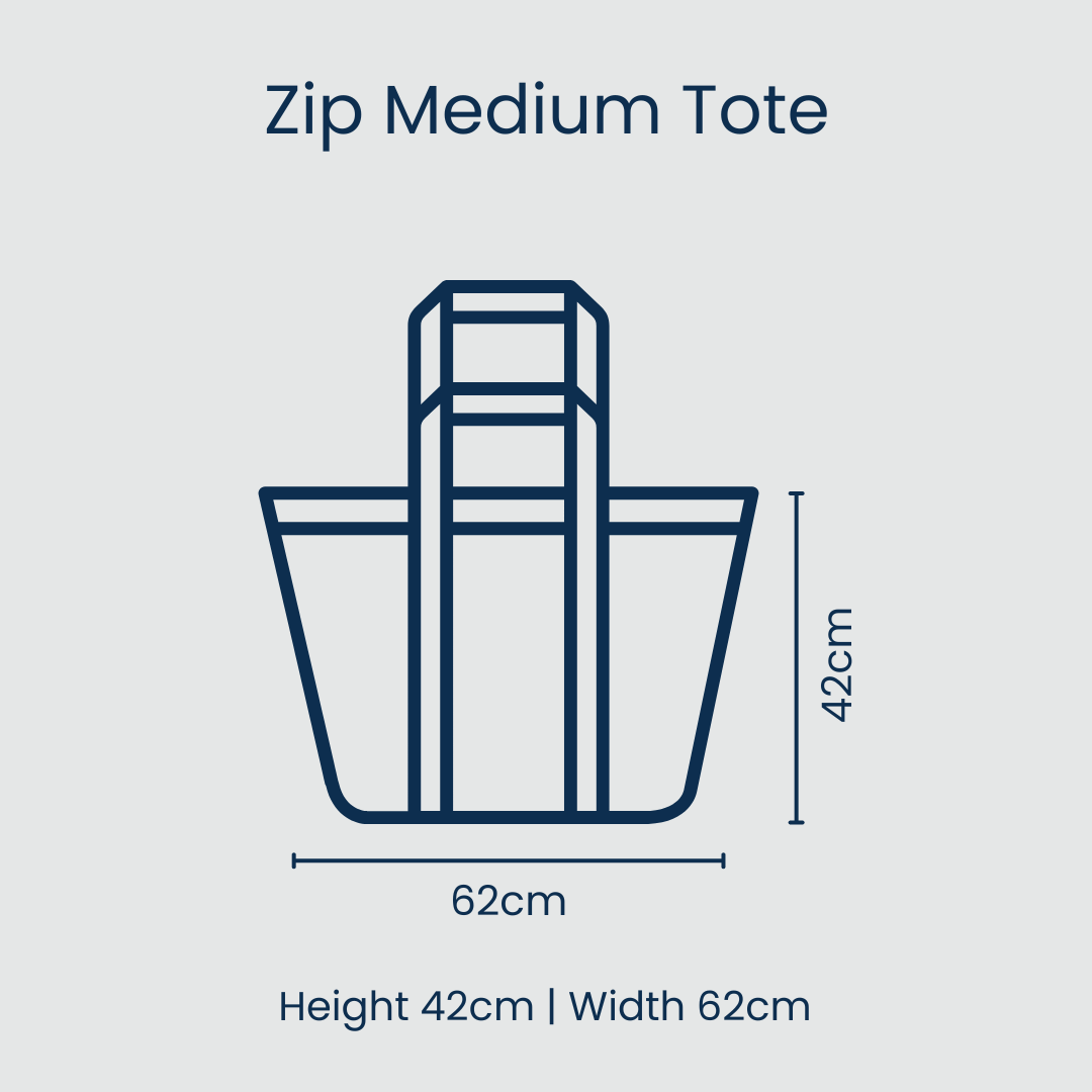 Outline of a zip medium tote bag with dimensions on a light gray background