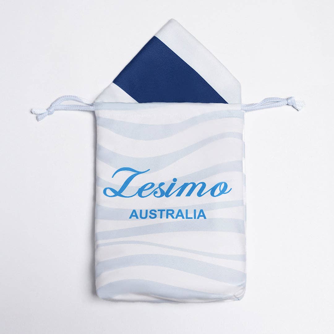 Striped pouch with 'Iesimo Australia' branding on a light gray background