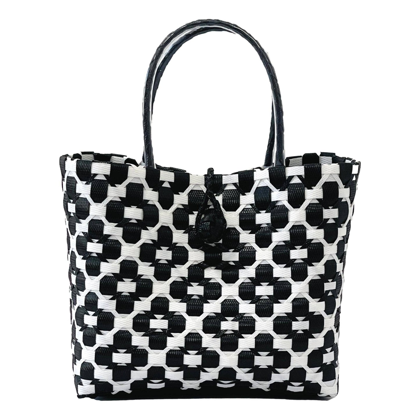 Black and white patterned tote bag on a white background