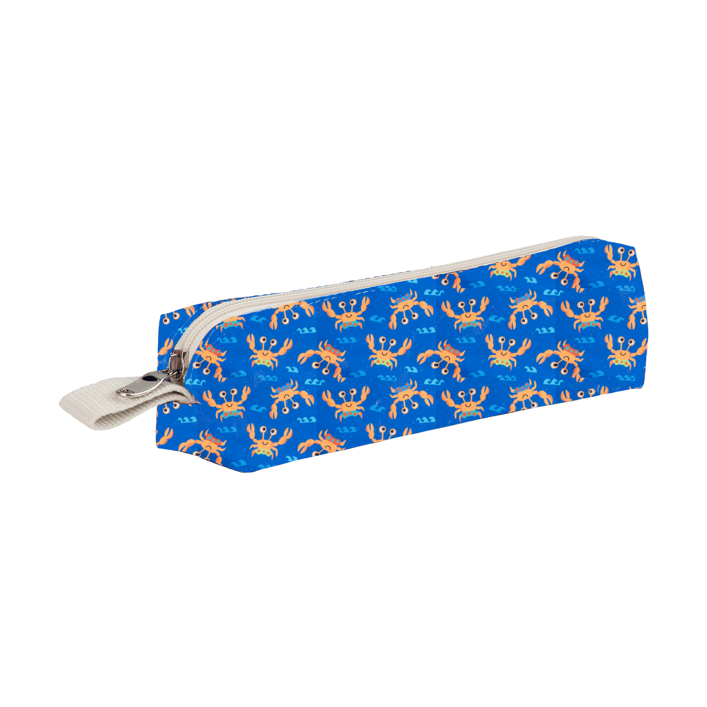 Blue pouch with crab pattern on a white background